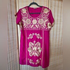 NWOT Imported Gold Embroidered Festive Bright Pink Huipil Dress